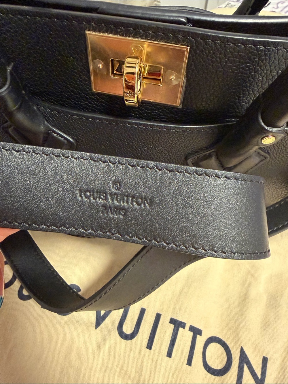 Louis Vuitton Black Leather Tote with Monogram Side Panels and Gold Hardware - Picture 3 of 5